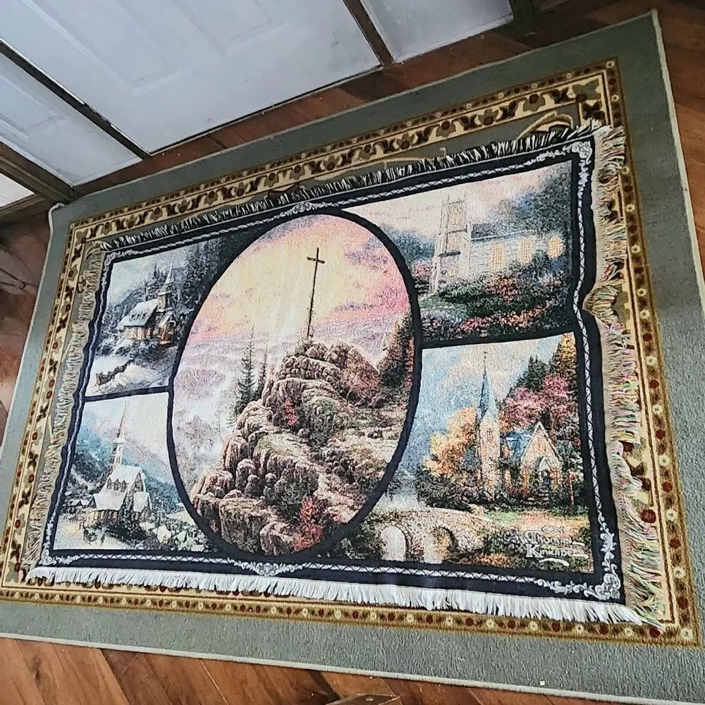 Thomas Kinkade Christmas Blanket Throw Woven Afghan Cross, Church, Sleigh 64x45